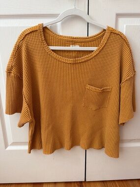 Pilcro Mustard Waffle-Knit Short Sleeve Pocket Tee